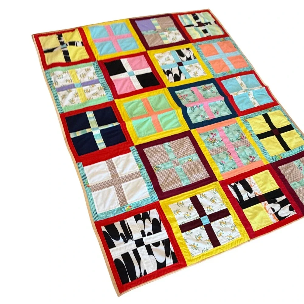 Handmade Patchwork Quilt Multi Color Block Floral Geometric Folk Art APROX 88x72